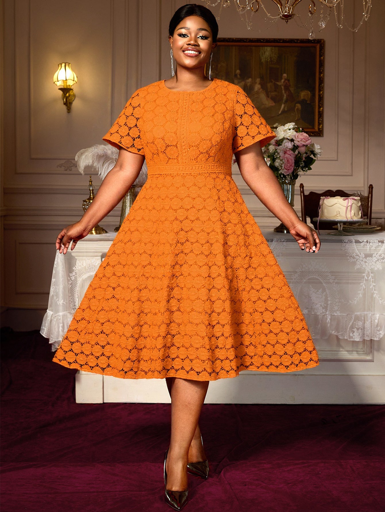 Plus Size Orange Lace Short Sleeve Dress High Waist A-Line Elegant Chic Evening Gown