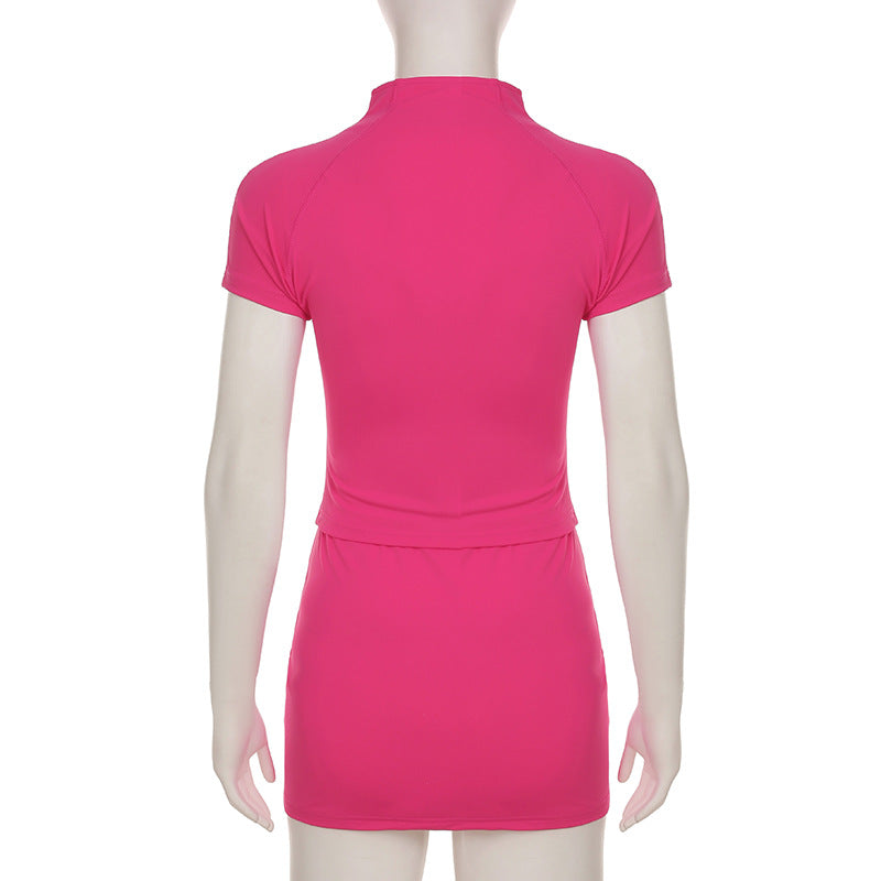Women Basic Solid Fitted zipper short-sleeved T-shirt Bodycon skirt two-piece set 12