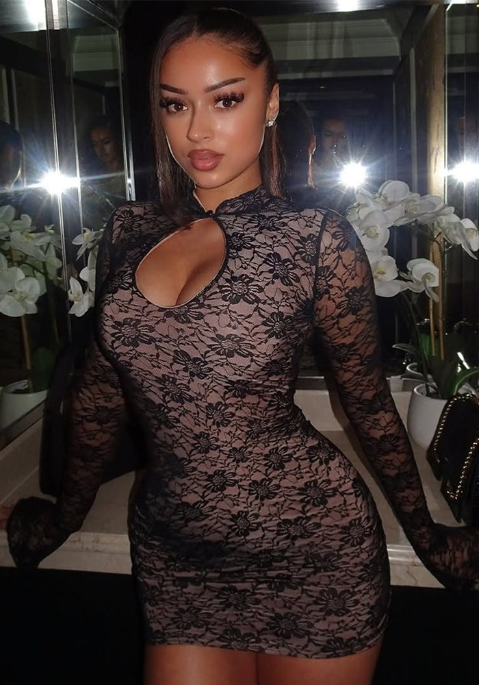 Women's Spring Fashion Sexy Lace Hollow-Out Bodycon Long Sleeve Dress