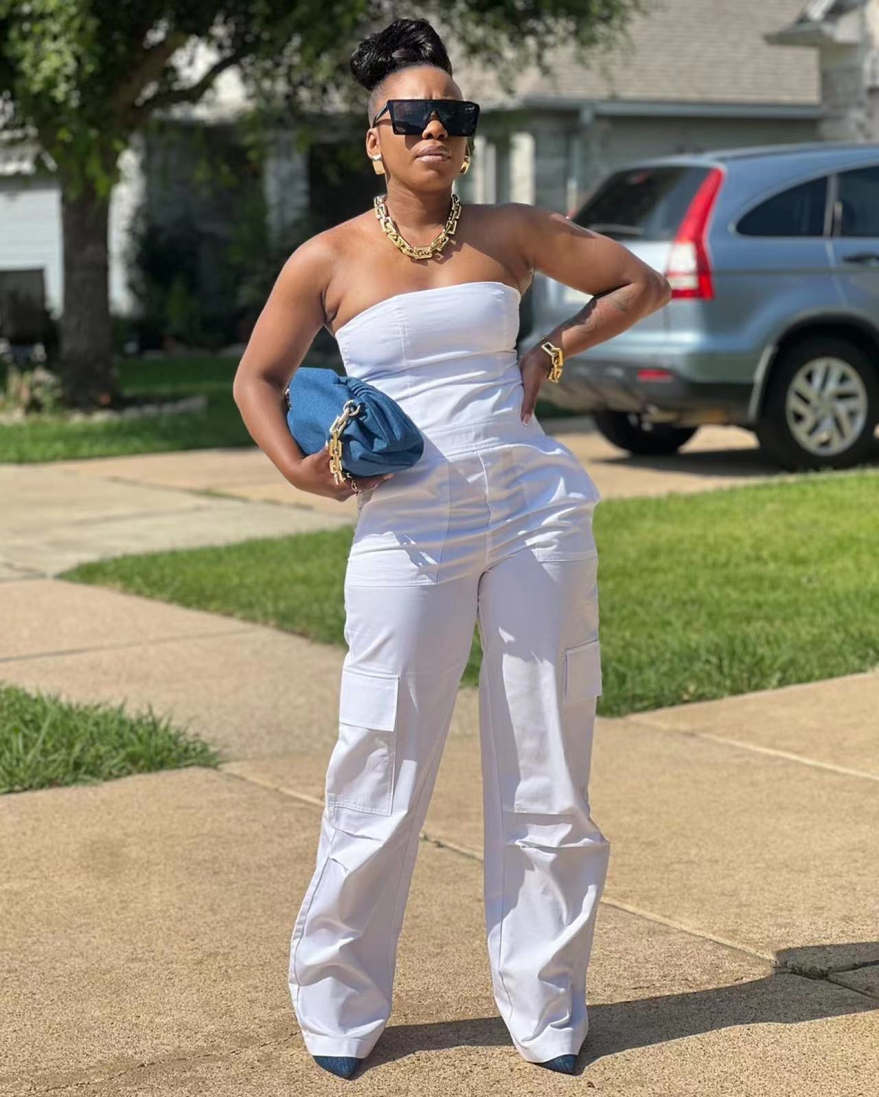 Women Strapless Cargo Pocket Sleeveless Jumpsuit