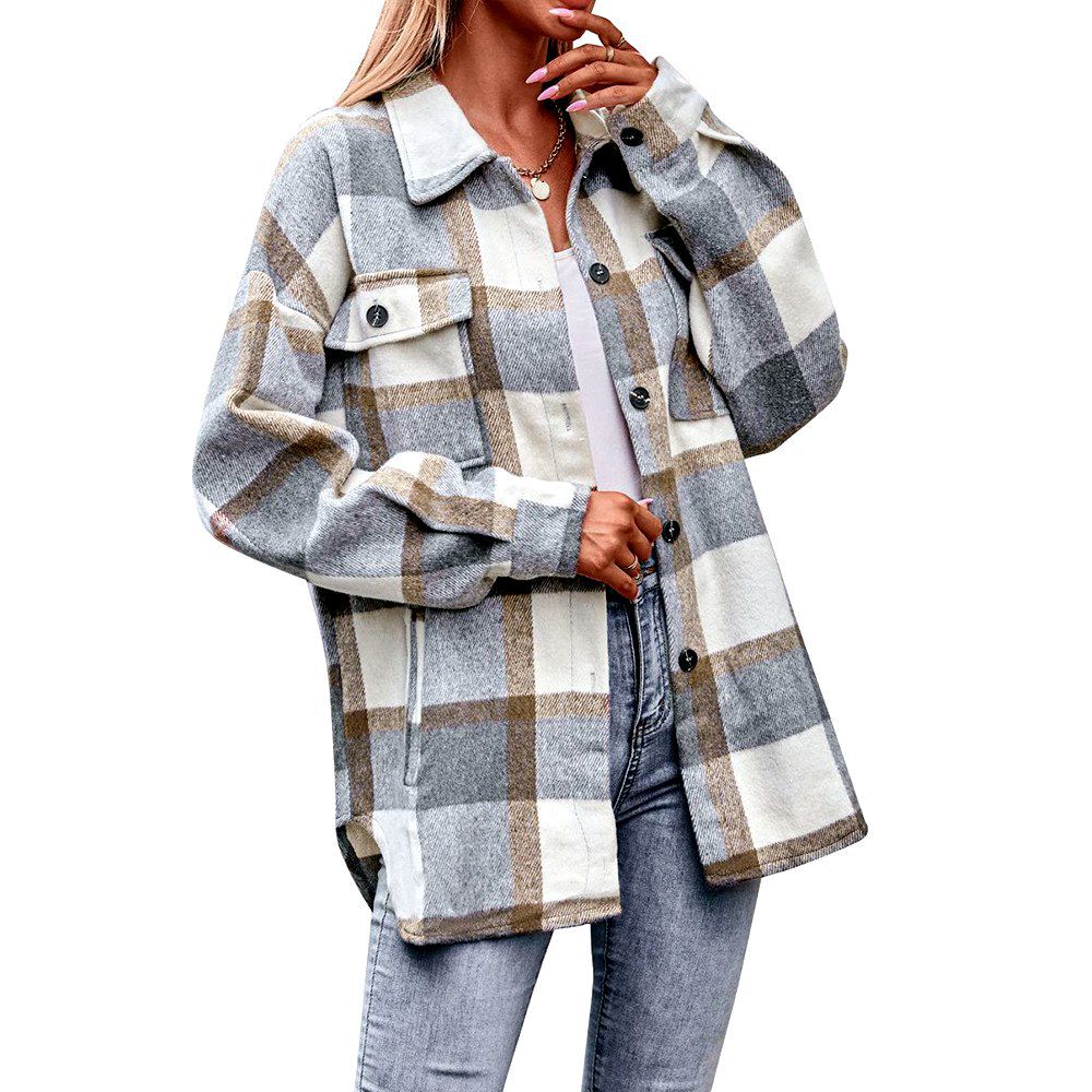 Women Casual Plaid Loose Pocket Shirt Jacket 16