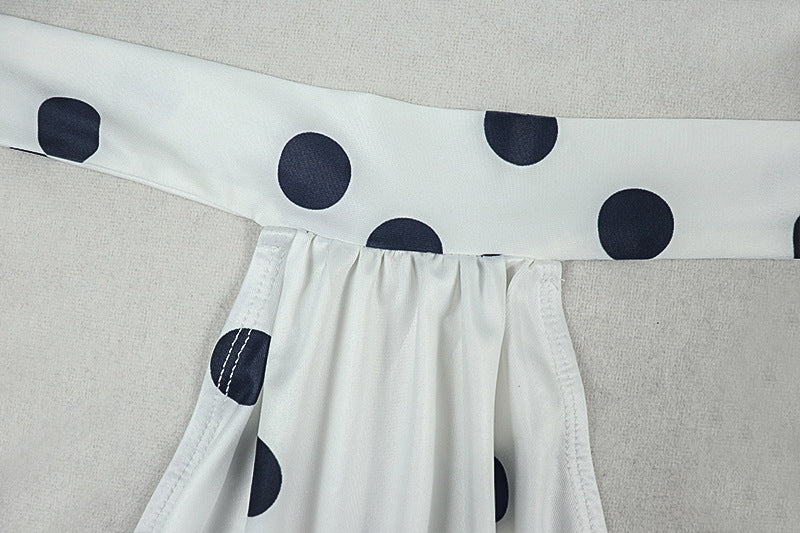 Women Pleated Waist Polka Dot Print Halter Neck Dress 12