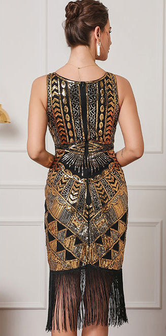 Women Sexy V Neck Sequin Beaded Retro Party Tassel Dress 6