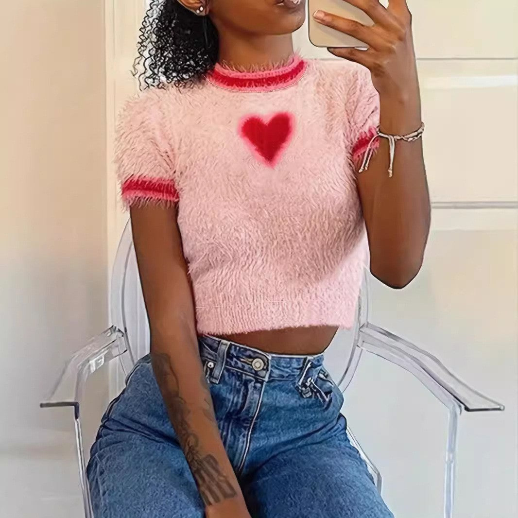 Autumn Winter Fashion Heart-Shaped Top Round Neck Pullover Slim Knitting Crop Sweater 5