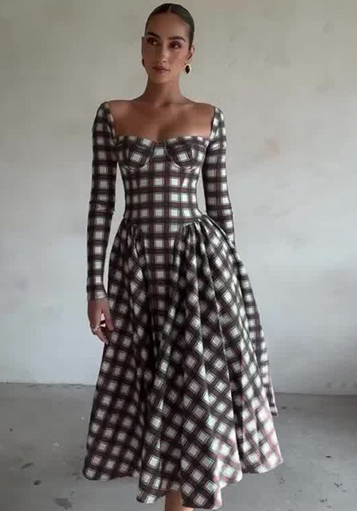 Women Autumn U-neck Plaid Long Sleeve Belt Dress