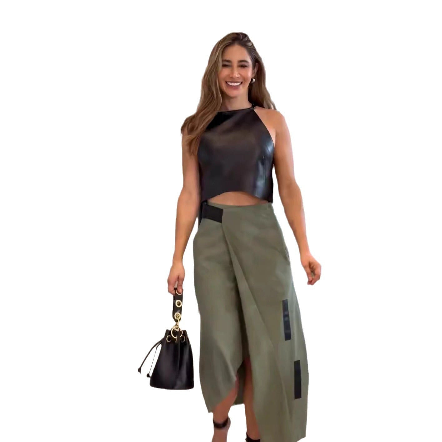 Women's Fashionable Sleeveless Halter Neck Cropped Top Irregular Skirt Two Pieces Set 6