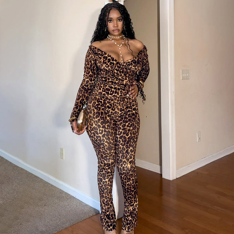 Women's Autumn Winter Leopard Print Off Shoulder Deep V-Neck Finger Sleeve High Waist Pants Set