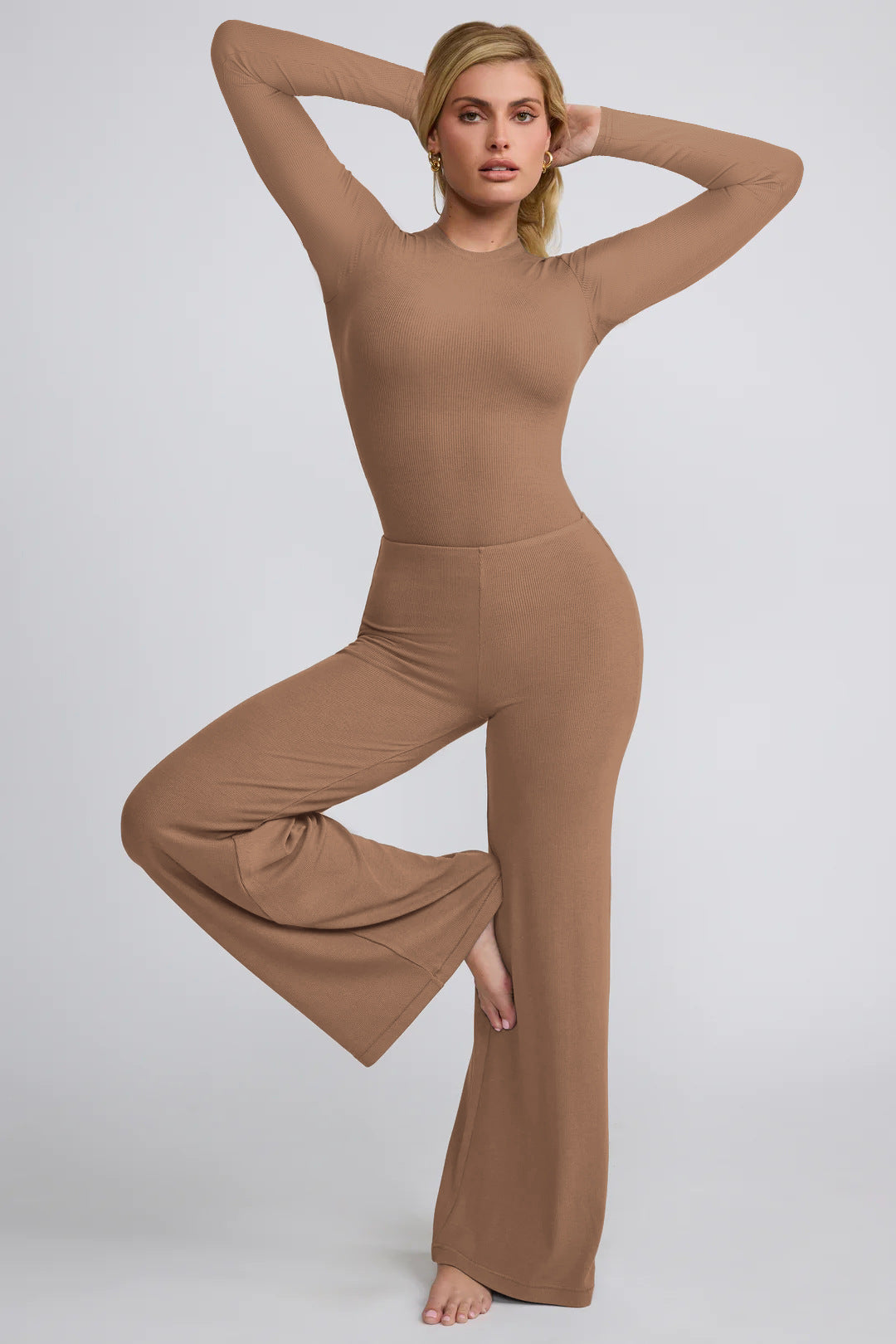 Women Autumn and Winter Casual Solid Long Sleeve Top and Wide Leg Pants Two-piece Set 4