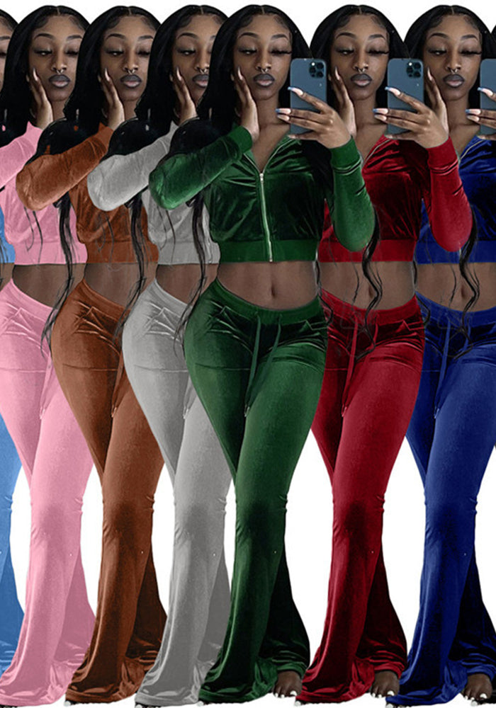 Women's Solid Color Velvet Long Sleeve Sexy Zipper Crop Top Pants Casual Sports Two Piece Set