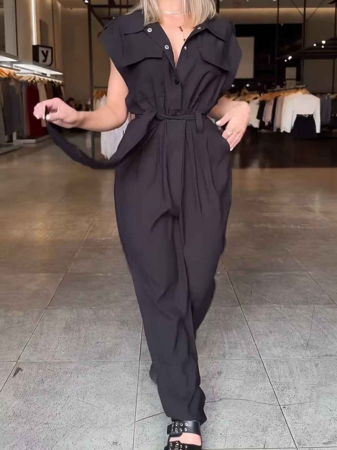 Women Sleeveless Cargo Wide Leg Jumpsuit