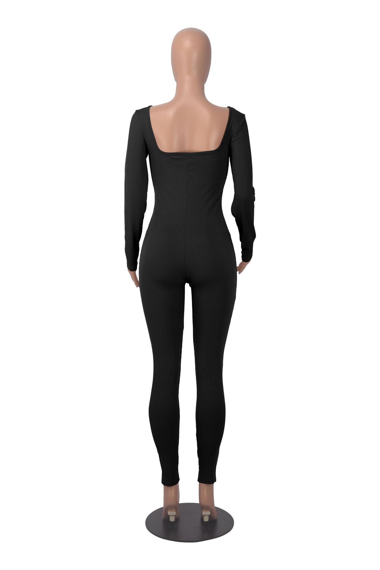 Women's Solid Color Long Sleeve Ribbed Square Neck Low Back Butt Lift Slim Athletic Jumpsuit 27