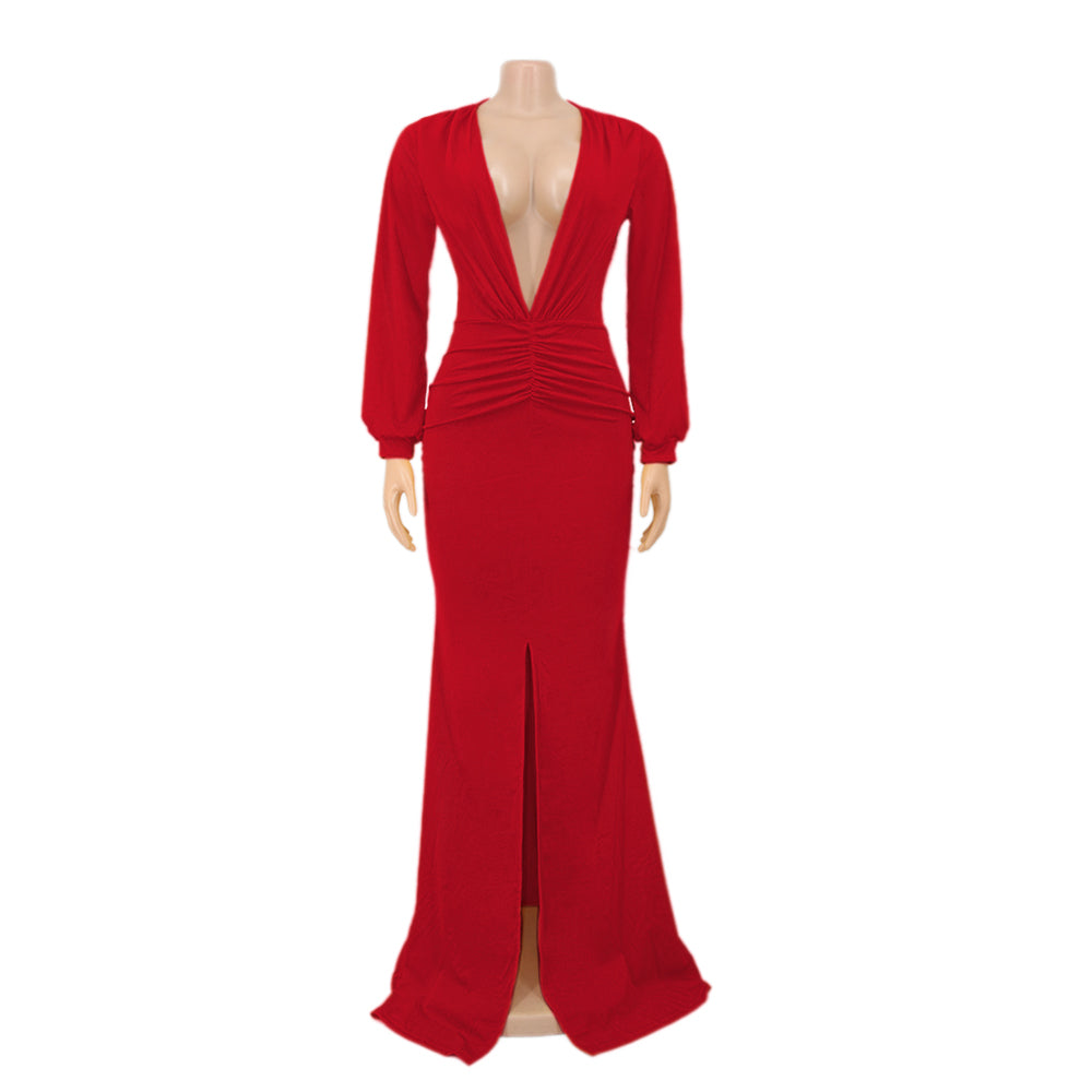 Spring Long Sleeve Deep-V Front Slit Mermaid Red Evening Dress 3