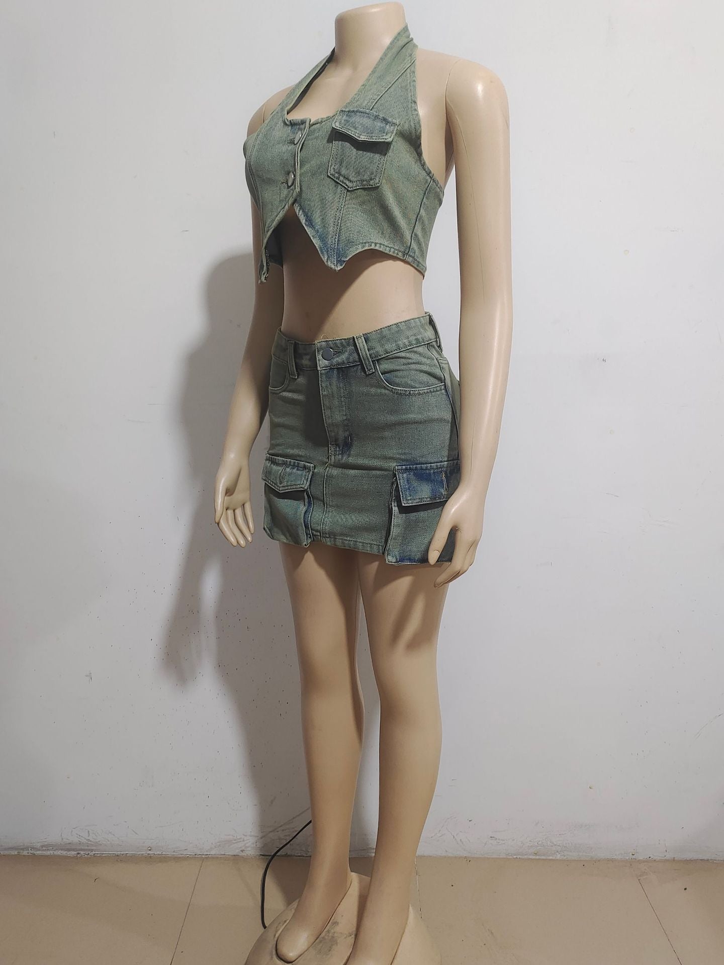 Women suspenders Top and pocket Denim Skirt two-piece set 7