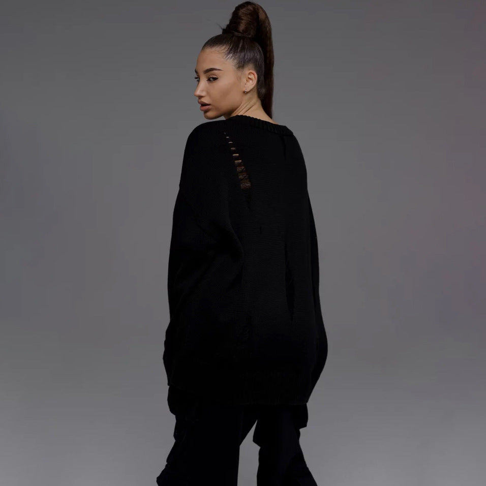 Women Casual Ripped Round Neck Loose Long Sleeve Sweater 13