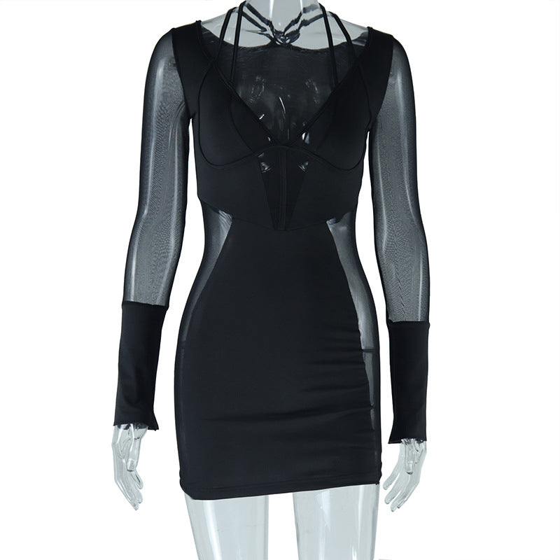 Solid Color Sexy Deep V-Neck Mesh Patchwork Long-Sleeved Bodycon Dress 7