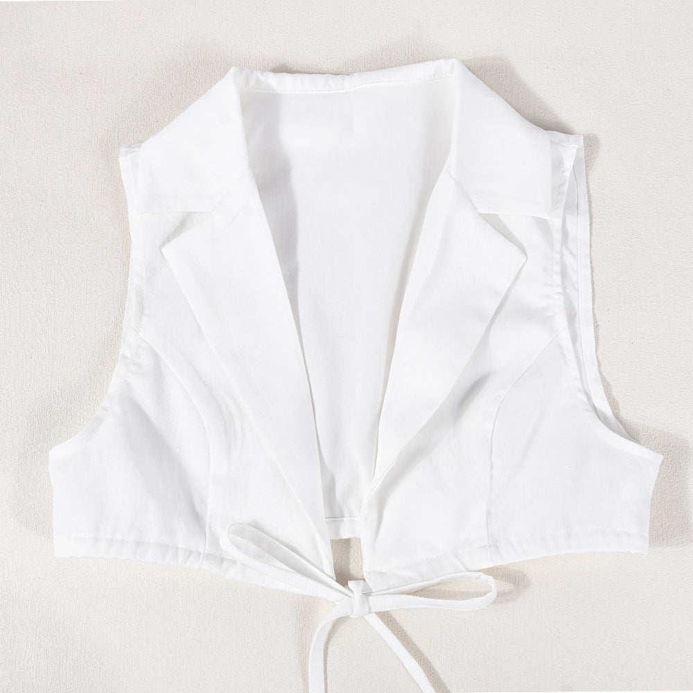 Summer Sexy Slim-Fitting Lace-Up Crop Turndown Collar Two Piece Pants Set For Women 7