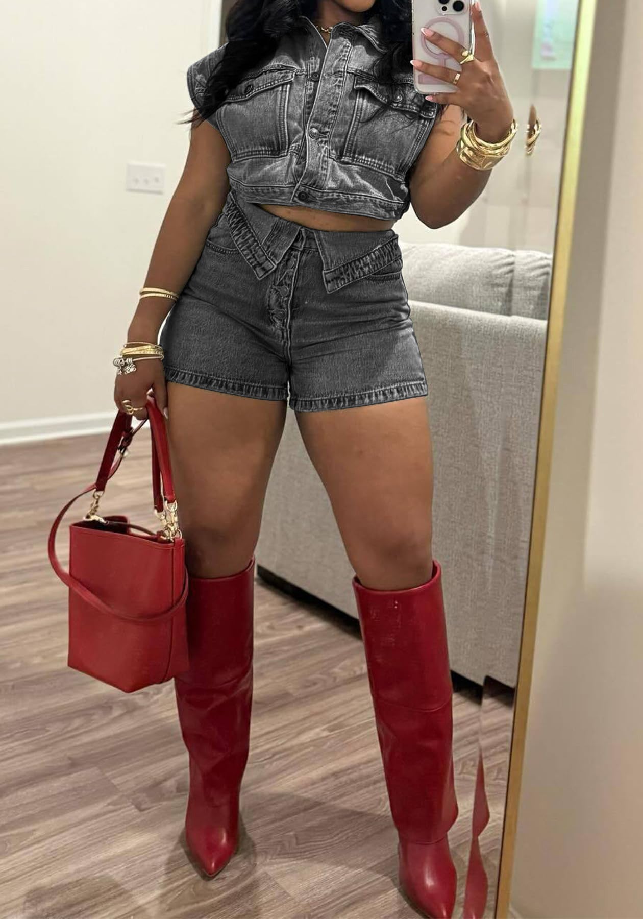 Women Casual Stretchy Denim Top and Shorts Two-Piece Set 10