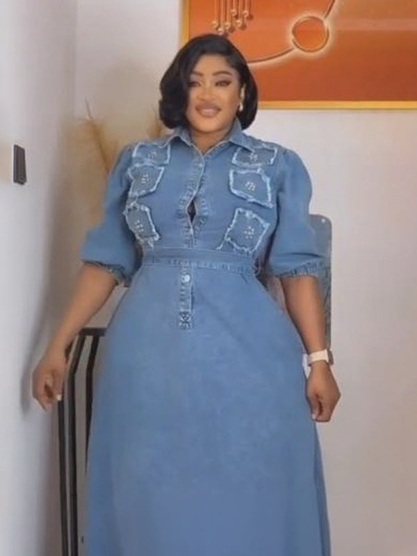 Women Casual Belted Denim Long-Sleeved Dress 4