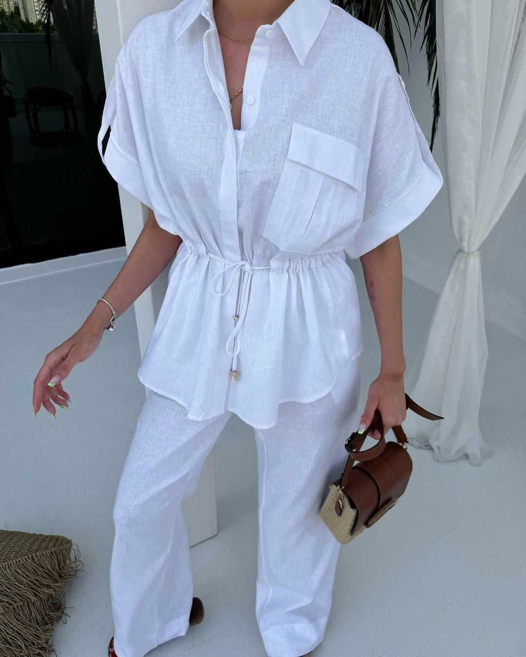 Women's Cargo Style Drawstring Pocket Shirt Pants Two-Piece Set 3