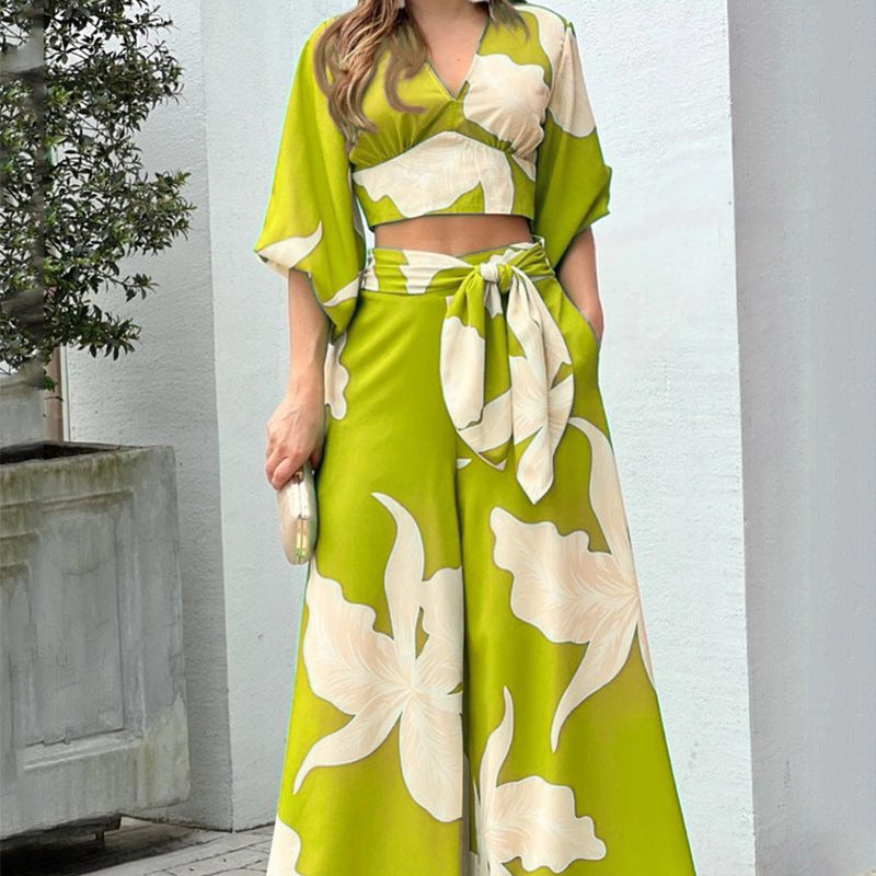 Women v-neck lantern sleeve short top and wide-leg pants two-piece set