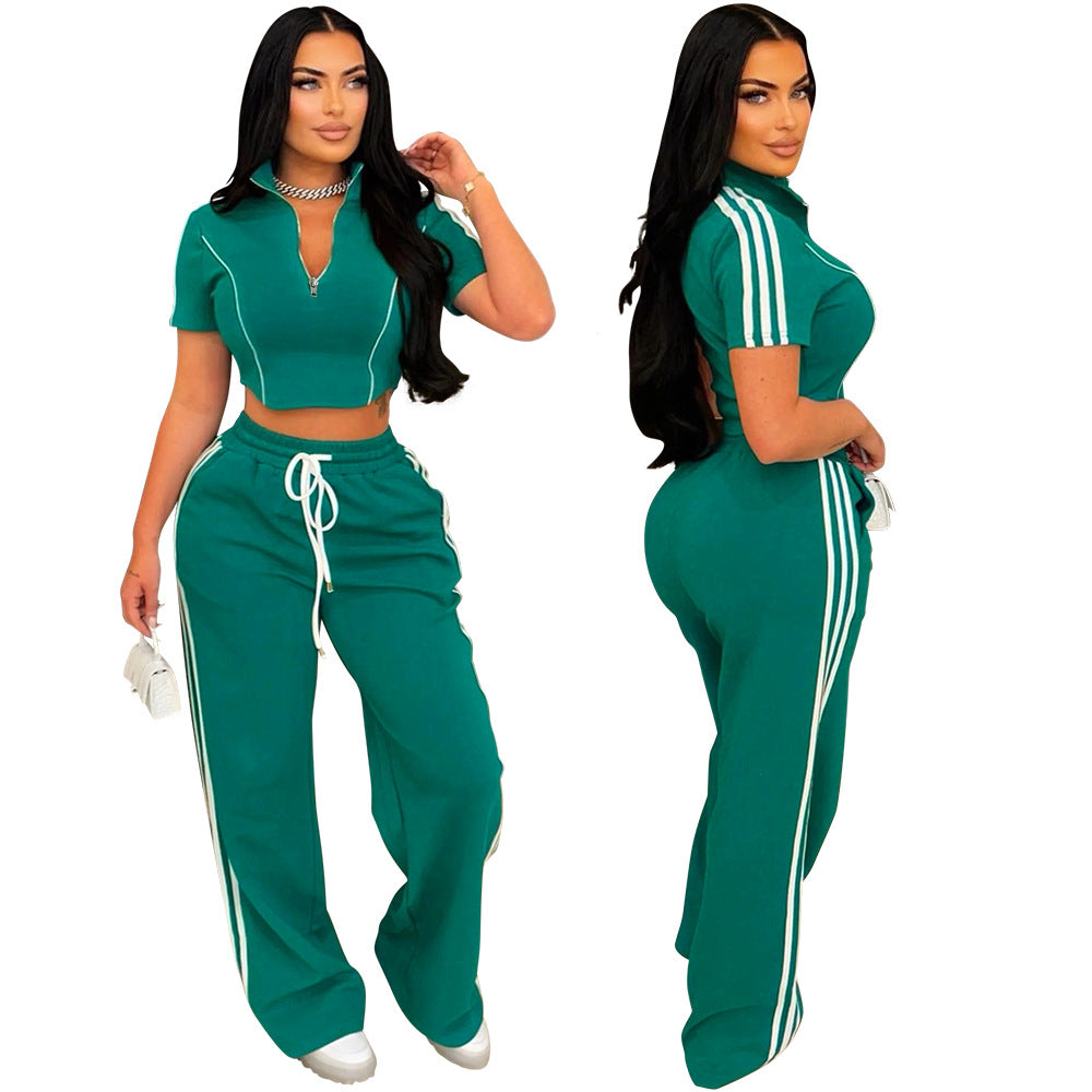 Fashion Women Zipper Short Sleeve Short Top Loose Pants Casual Two-Piece Set