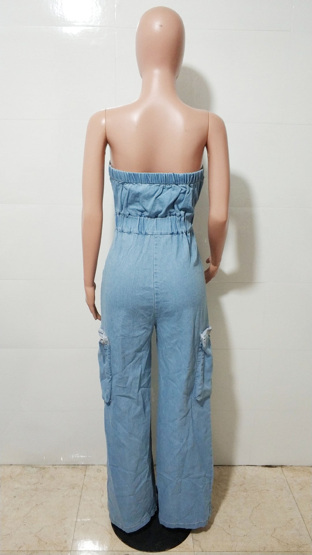Casual Stylish Strapless Women’s Pockets Cargo Denim Jumpsuit 8