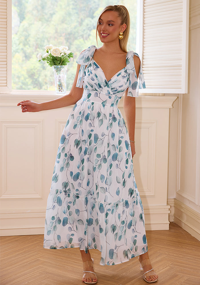 Women printed lace-up v-neck dress