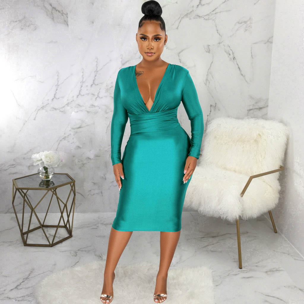 Women Sexy Solid Shiny Long Sleeve V-Neck Dress 7