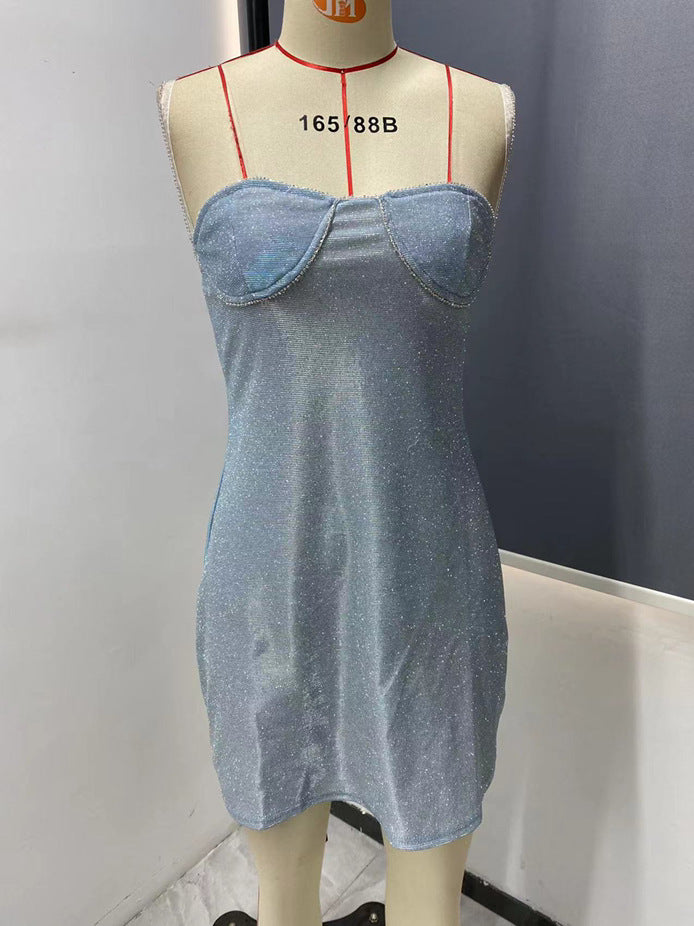 Spring And Summer Glitter Diamond Strap Mini Dress 11