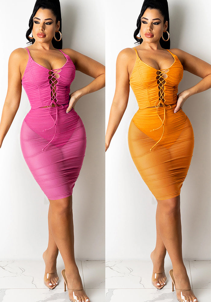 Women knitting suspender Solid Lace-Up Pleated drawstring Top and Skirt Two Piece Set