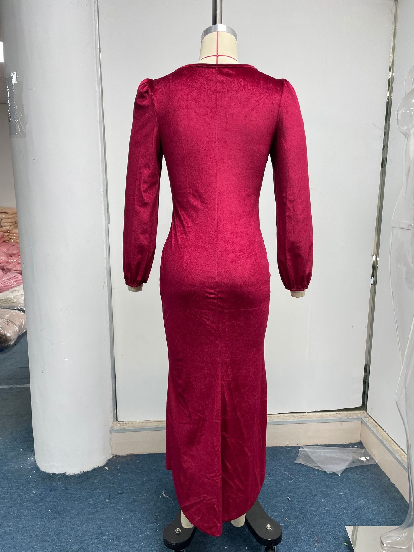 Women Autumn Knittingv Collar Solid Padded Shoulder Long Sleeve Slit Evening Dress 37