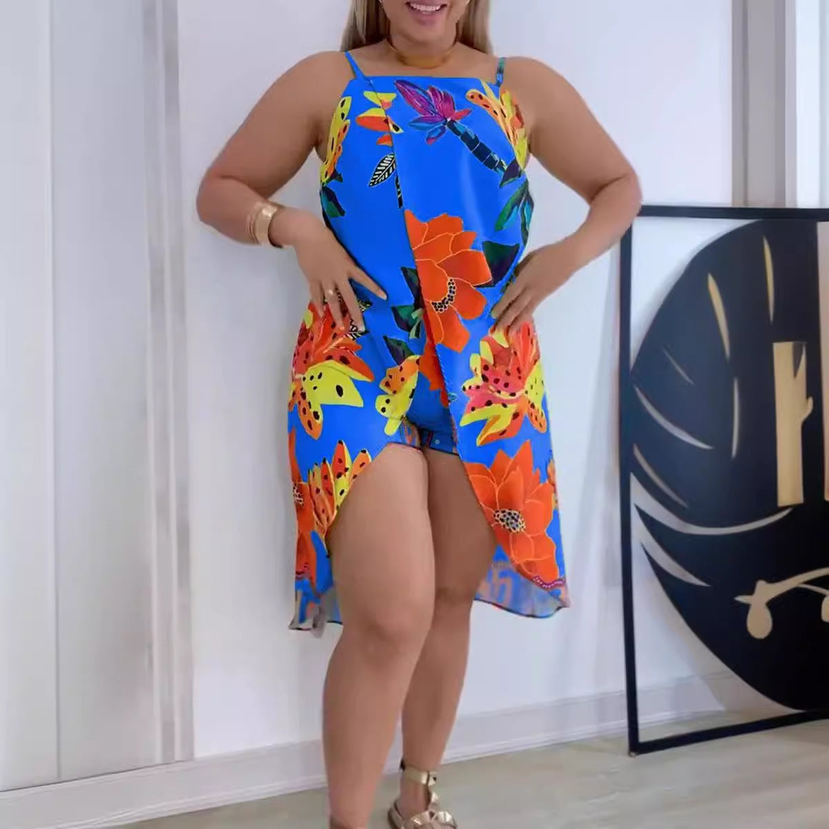 Women Sexy Printed Suspender Slit Dress and Shorts Two-piece Set 7