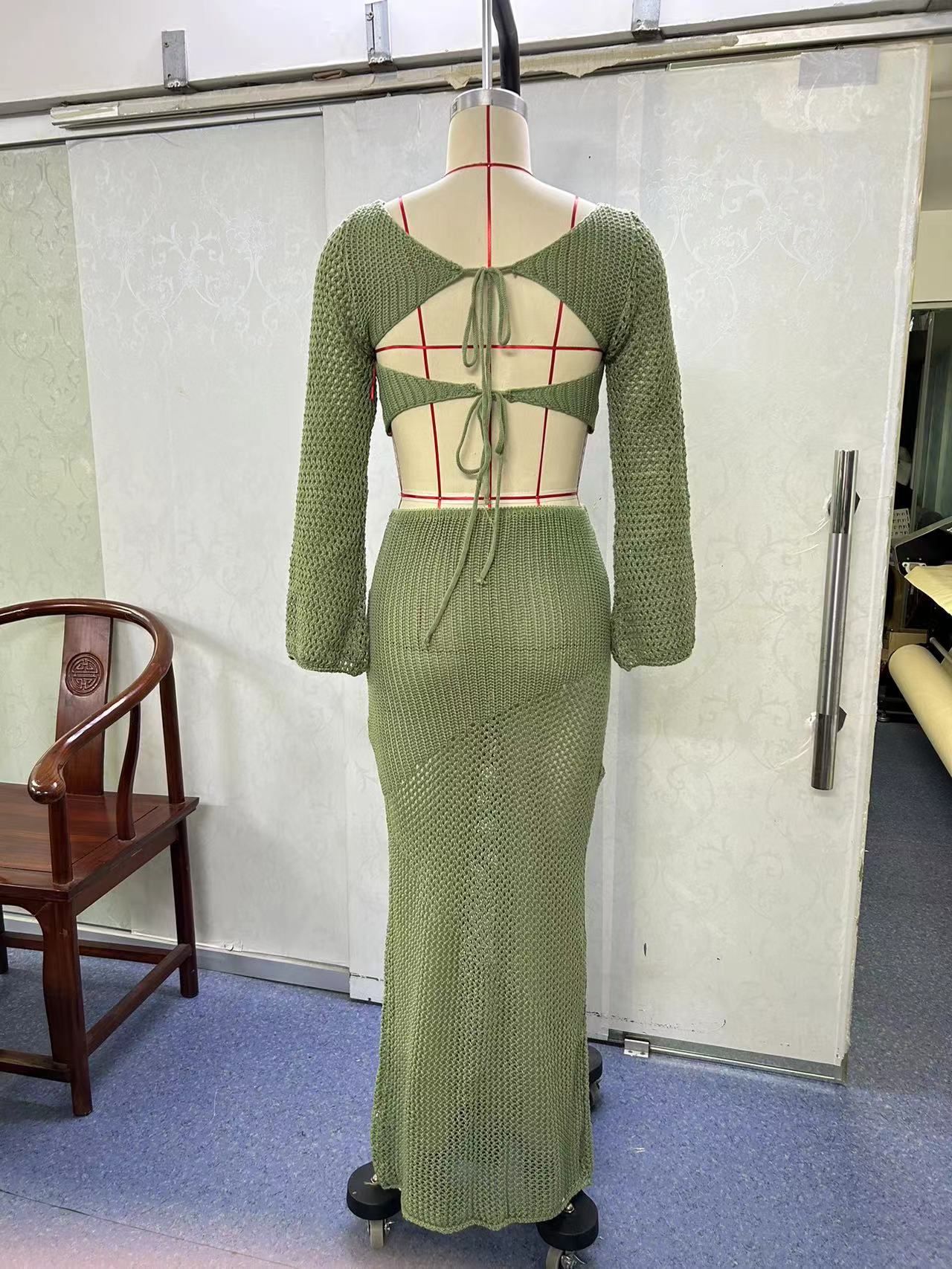 Summer Women's Crochet Long Sleeve Crop Top Casual Knitting Long Skirt Two Piece Set 12