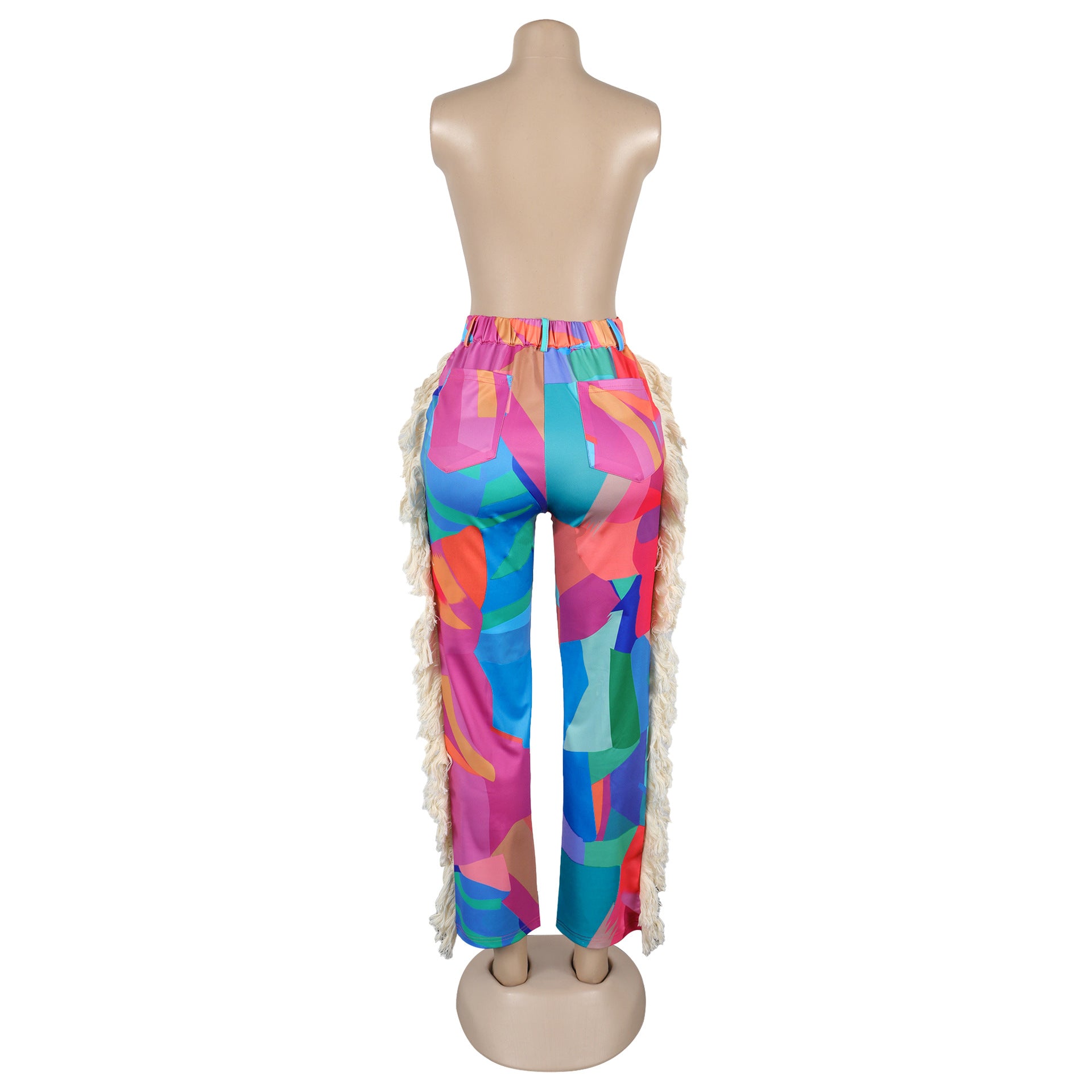 Women Sexy Printed Tassel High Waist Elastic Pocket Pants 11