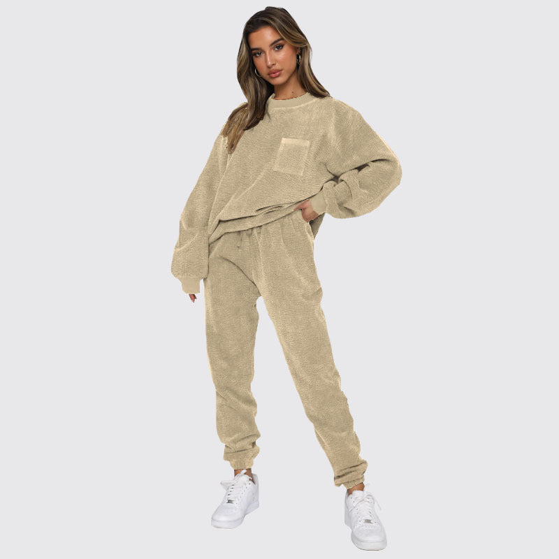 corduroy solid color Round Neck pullover long-sleeved two-piece fashion trouser suit women 7