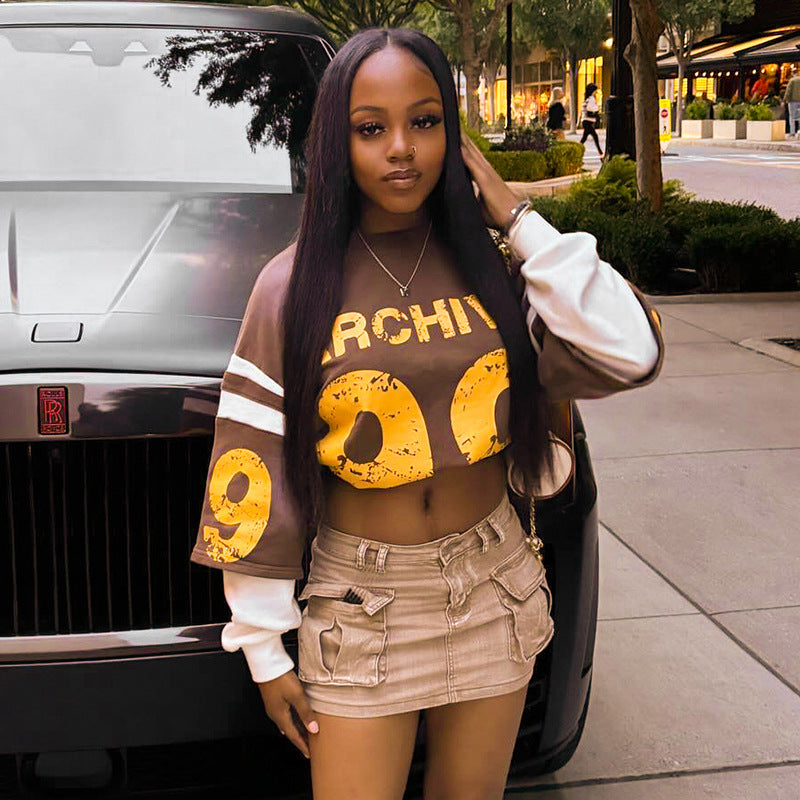 Loose fashion high street Casual Letter Print sports loose short sleeve crop Top 3