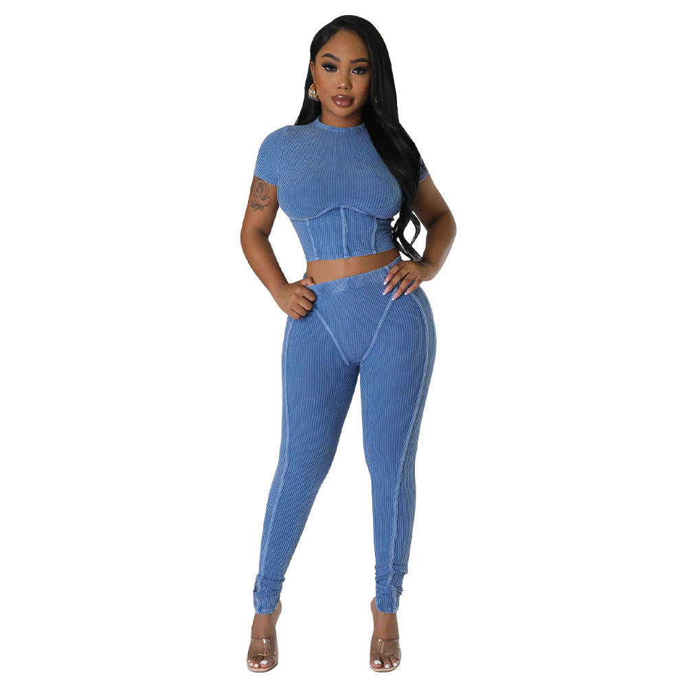 Solid Round Neck Tight Fitting Sexy Women's Sport Two Piece Pants Set 10