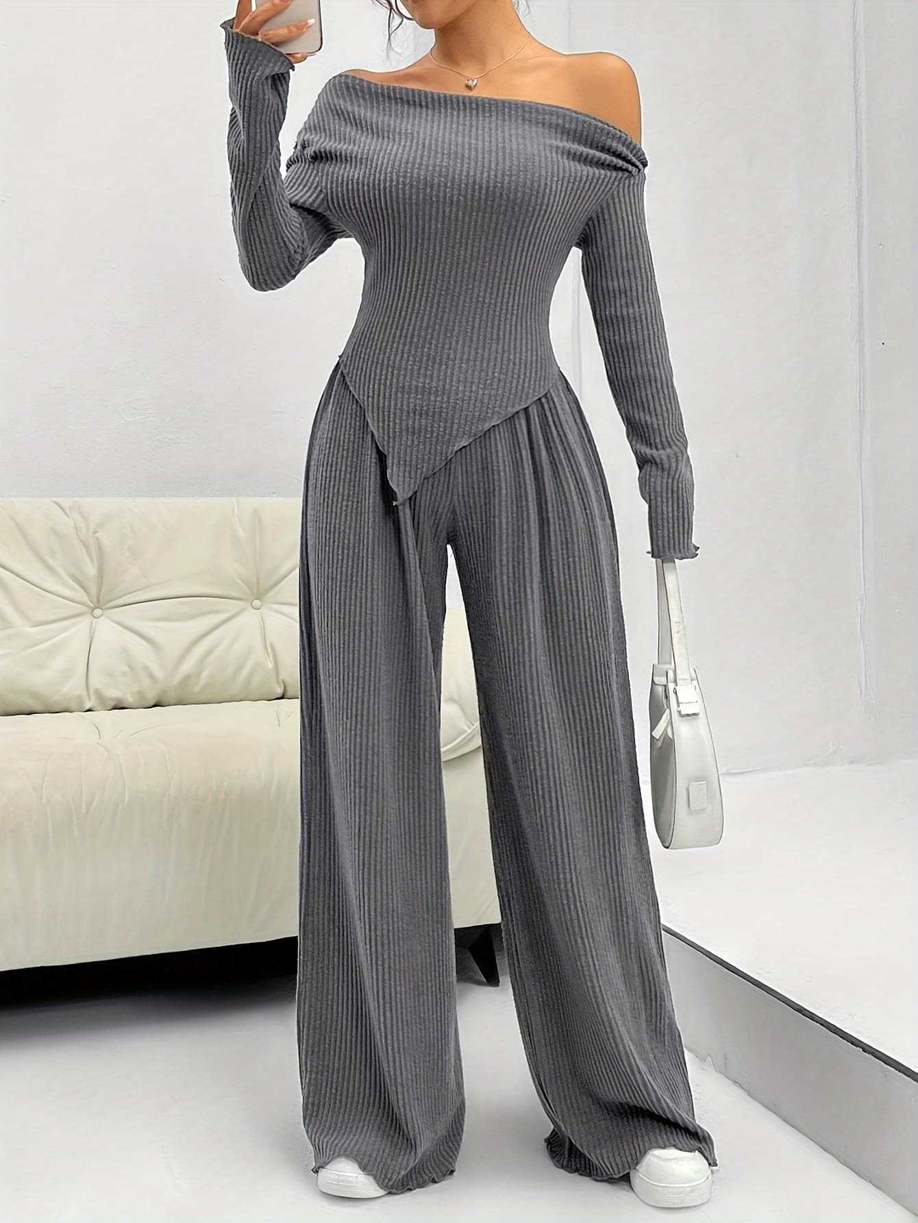 Women Autumn and Winter Casual Off Shoulder Top and wide-leg trousers two-piece set 6