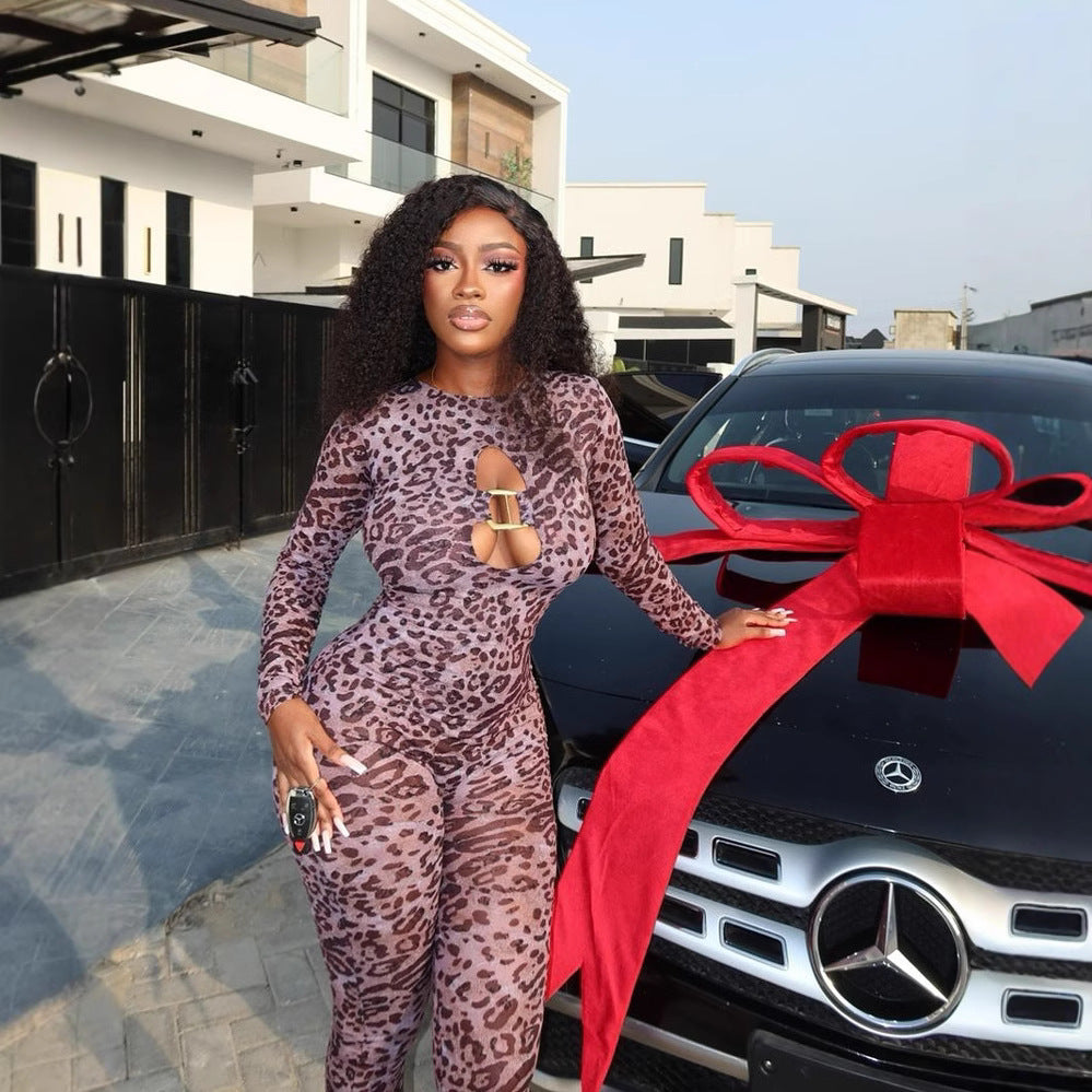 Women's Spring Round Neck Long Sleeve Leopard Print Sexy Hollow Tight-Fitting Jumpsuit 5