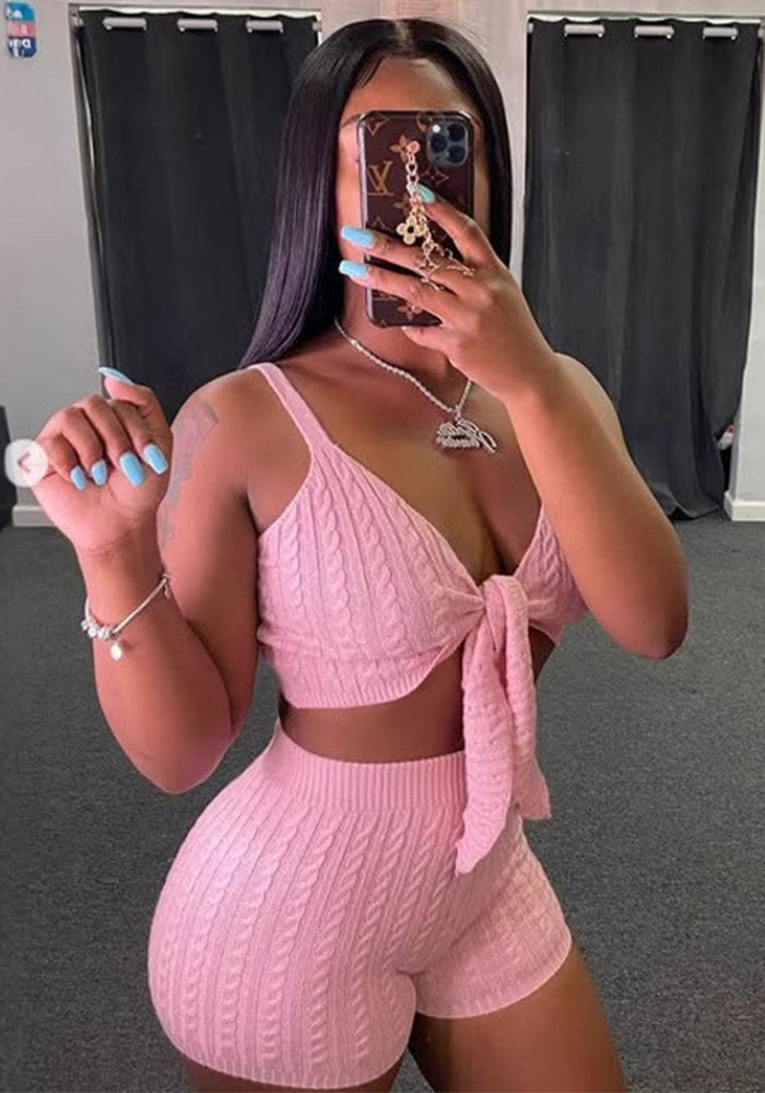 Women Spring Solid Sexy Stretch Solid Knitting Suspender Top and Shorts Two-Piece Set