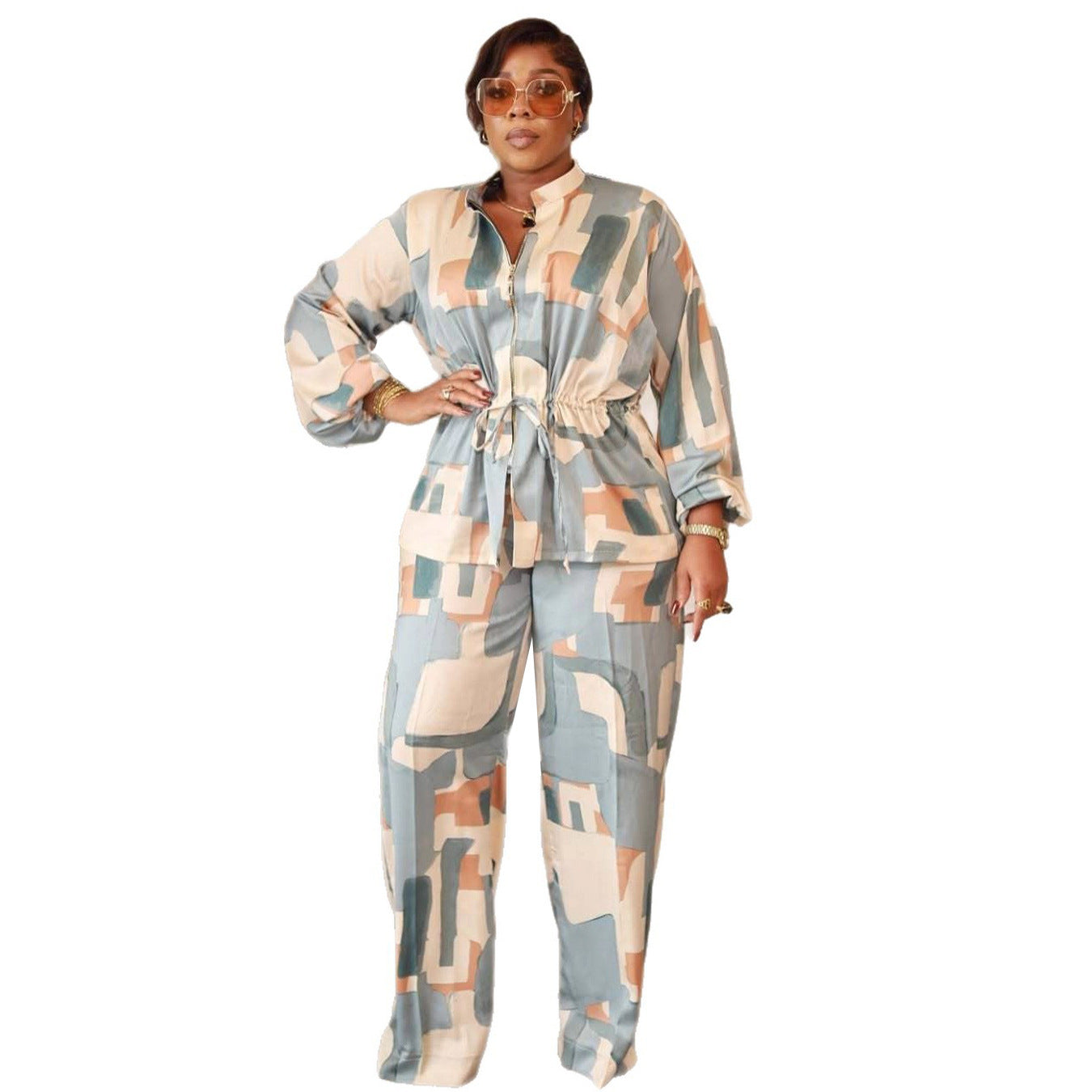 Elegant Stand Collar Print Drawstring Slim Waist Long Sleeve Two-Piece Pants Set 8