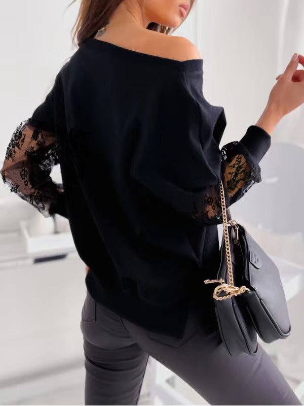 Spring Solid Color Chic Lace Patchwork Slash Shoulder Loose Long-Sleeved Lace Shirt 6