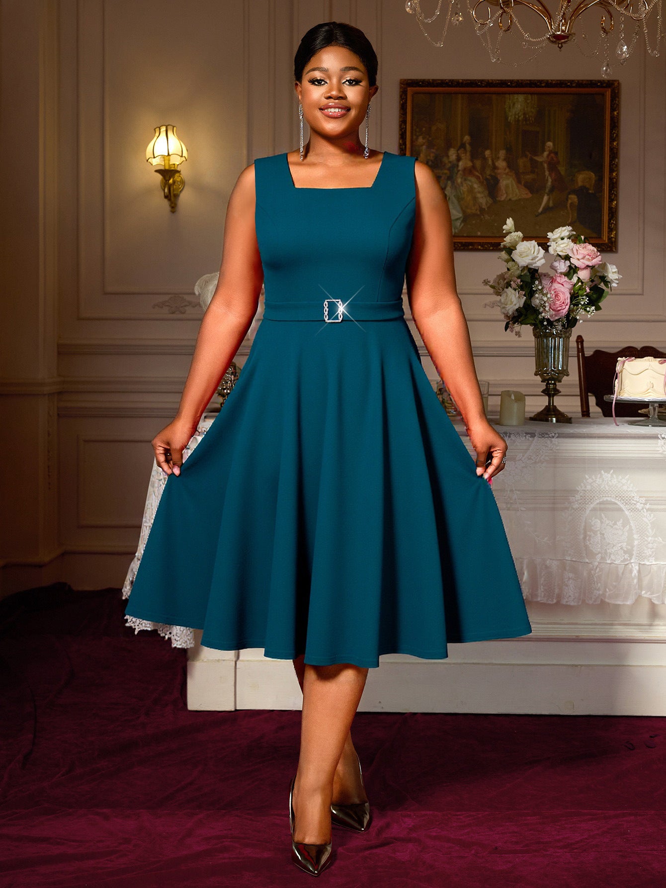 Plus-Size Women Two-Piece Diamond-Embroidered Cape Set Elegant Formal Party Dress for Mother's Birthday 5