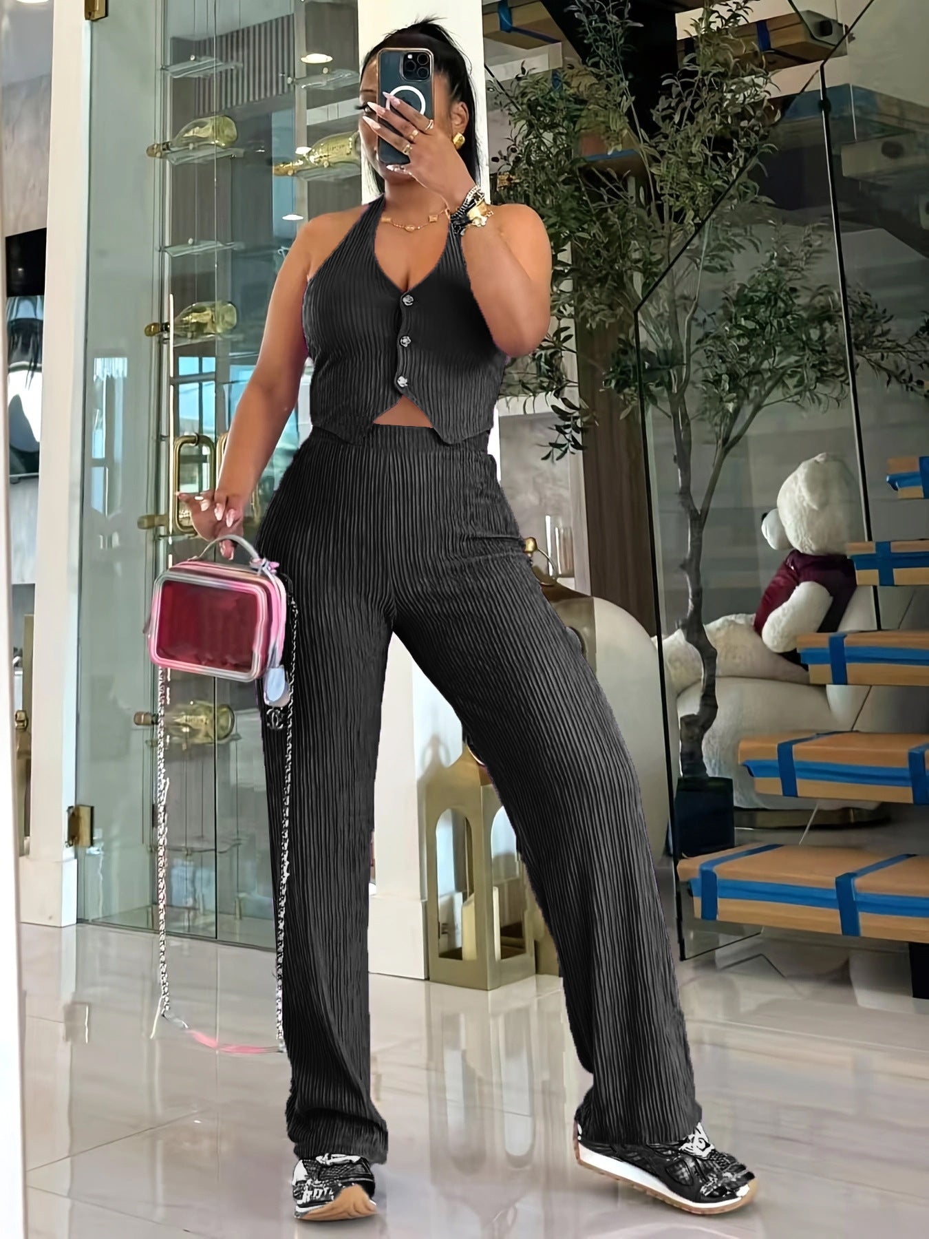 Women Halter Neck Crop Top and Wide Leg Pants Two-piece Set 3