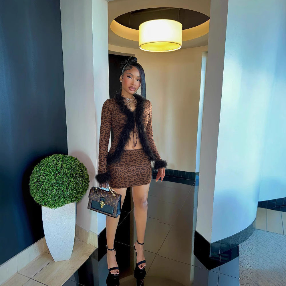 Fashionable Sexy Fur Patchwork Leopard Print Long-Sleeved Top Slim Mini Skirt Two-Piece Set 4