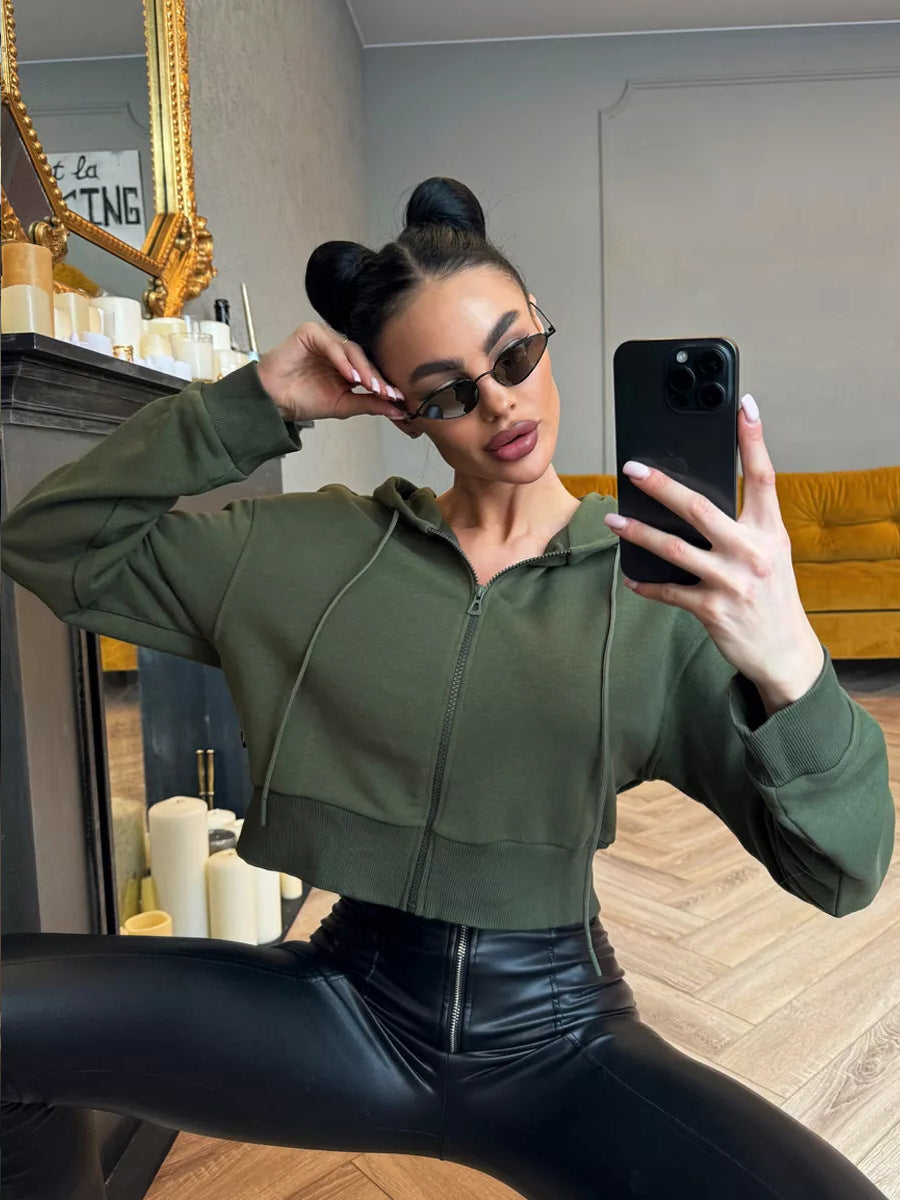 Autumn winter fashion zipper hooded drawstring solid color long sleeve Hoodies 13