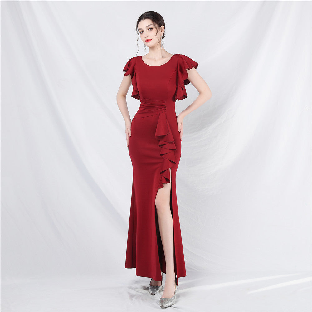 Women Ruffles Short Sleeve Slit Party Evening Dress 4