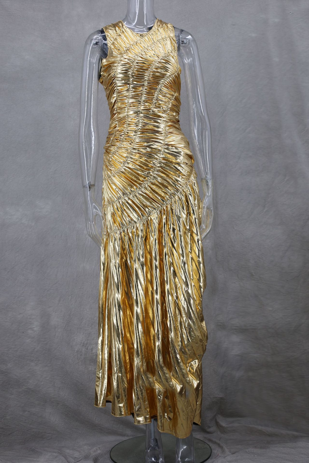 Sleeveless Sexy Shiny Color Pleated Long Evening Dress 11