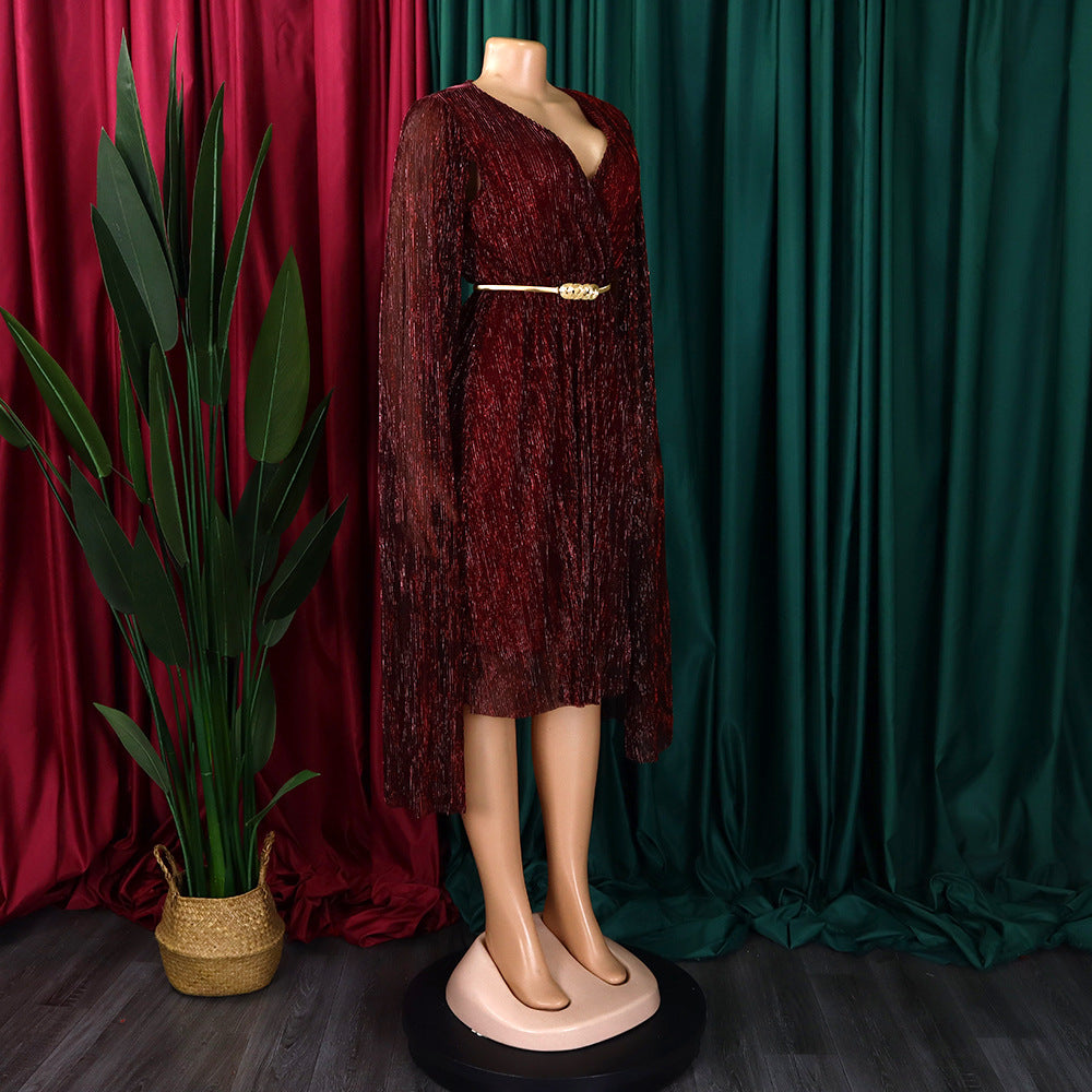 Belted V-Neck Chic Long Sleeve Cape Slim Waist Gown Dress 22