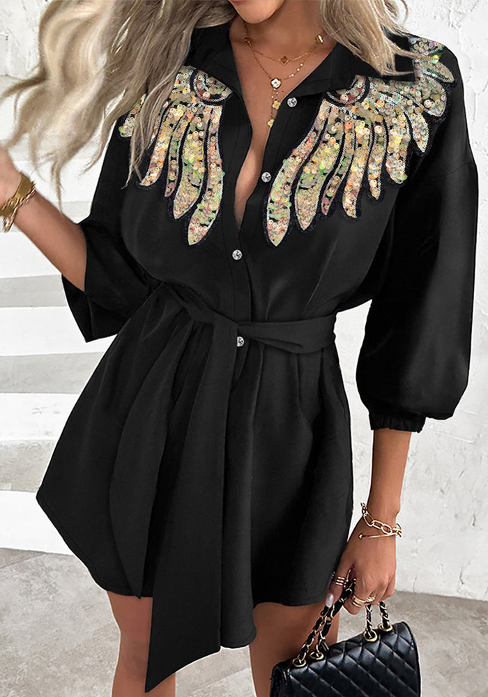 Women Sexy Wing Sequin Long Sleeve Shirt Dress